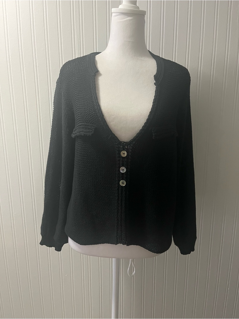 Wooden Ships Black V-Neck Button Cropped Sweater